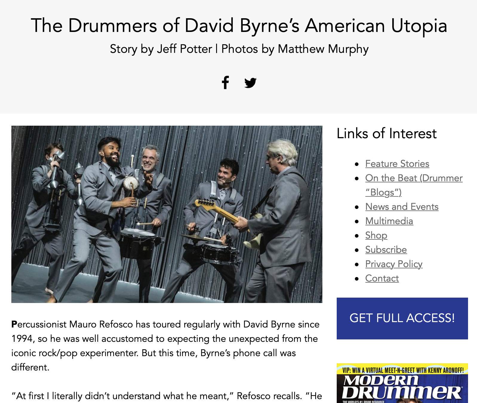 David Byrne • MOdern Drummer